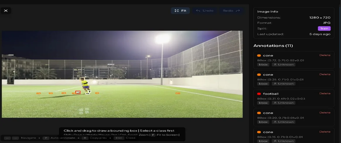 AIM Annotation Suite with football and cone labels on a training video frame