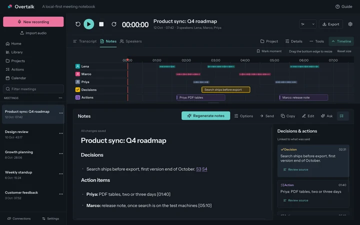 Overtalk notes view: meeting notes with decisions and actions linked to their source passages, from a synthetic meeting